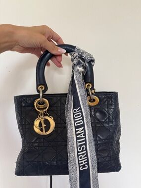 VINTAGE 1997 Dior Navy-Black Quilted Leather Lady Tote with Gold Hardware